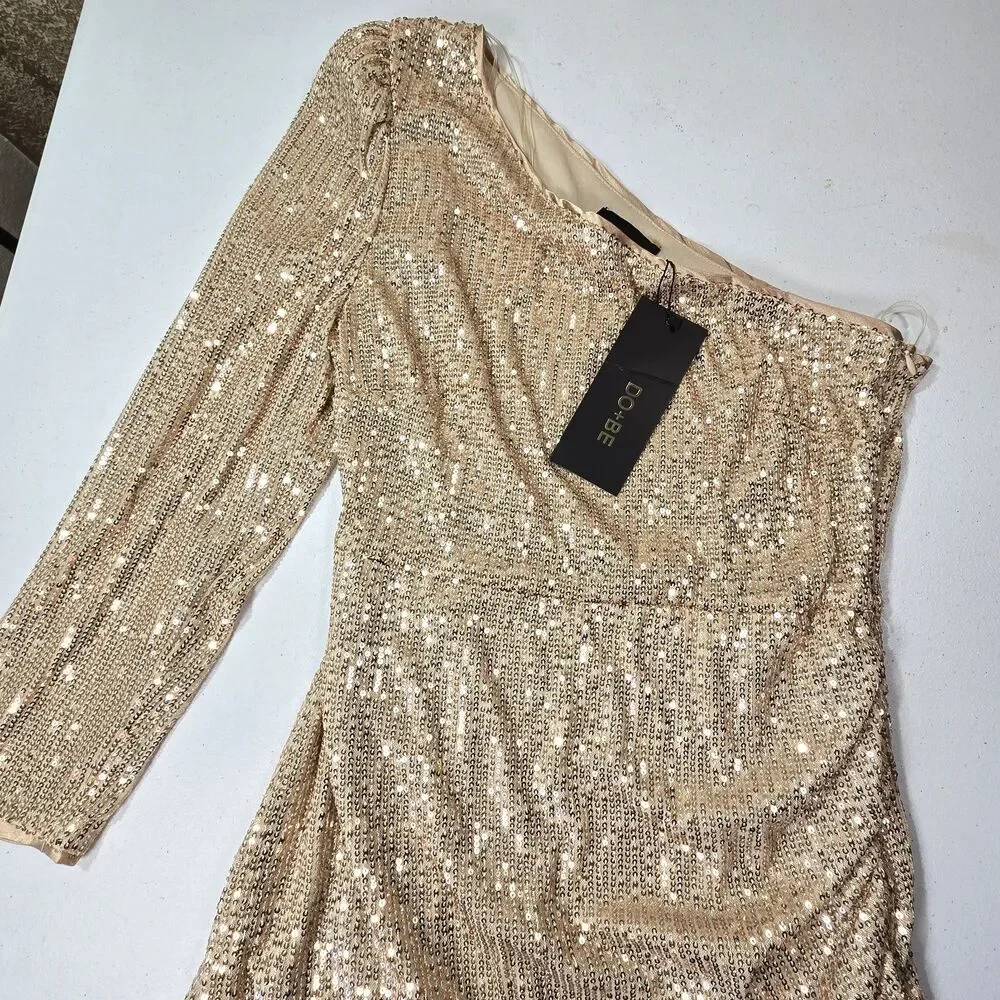 NWT  DO+BE Women Size L Lined Sequin Gold One Sleeve Gathered Side Mini Dress - Picture 3 of 10